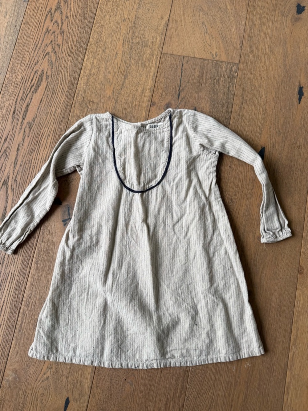 Go gently Cream and navy Long Sleeve Tunic Dress with Contrast Neck Trim